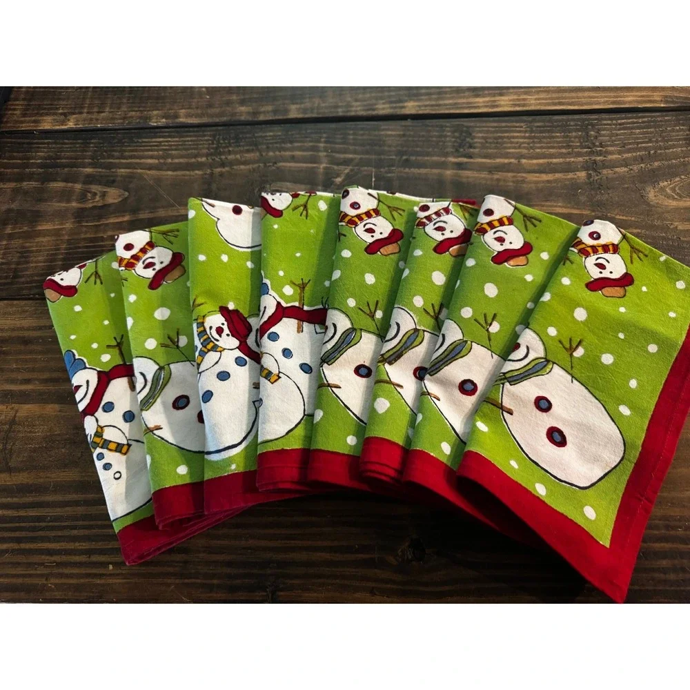 Plum Brook Napkins Unisex OS Green Excellent Snowman Hand Block Print Set of 8